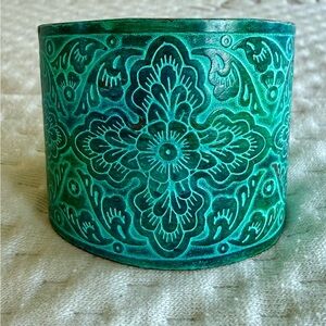 Anthropologie Wide Copper Cuff Bracelet | Turquoise Patina | Boho Floral Mandala